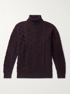 Etro Slim-fit Cable-knit Wool Rollneck Sweater In Burgundy