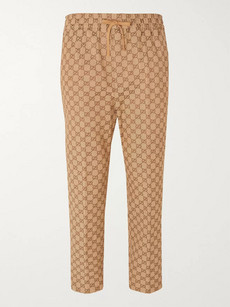 Gucci Beige Cropped Tapered Logo-jacquard Cotton-blend Suit Trousers In Brown