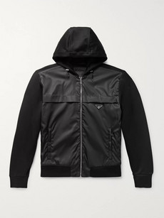Prada Men's Zip-front Hoodie Sweatshirt W/ Nylon Front Panel In Black