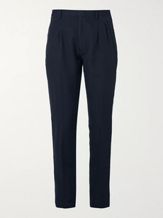 Zanella Navy Newton Slim-fit Pleated Herringbone Cotton And Linen-blend Trousers