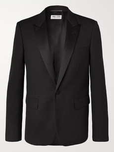 Saint Laurent Black Slim-fit Satin-trimmed Virgin Wool-jacquard Tuxedo Jacket