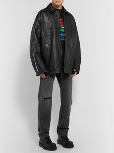 Balenciaga Oversized Logo-embroidered Full-grain Leather Jacket In Black