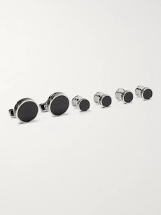Tateossian Carbon Fibre And Enamel Rhodium-plated Cufflinks And Studs Set In Silver