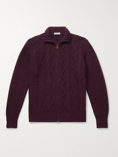 Inis Meain Cable-knit Merino Wool Zip-up Cardigan In Burgundy