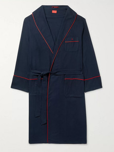 Isaia Piped Cotton And Cashmere-blend Robe In Blue
