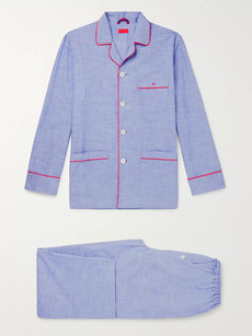 Isaia Piped Cotton Pyjama Set In Blue