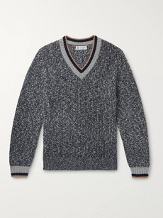 Brunello Cucinelli Slim-fit Stripe-trimmed Mélange Wool And Cashmere-blend Sweater In Blue