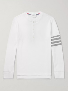 THOM BROWNE STRIPED WAFFLE-KNIT COTTON HENLEY T-SHIRT