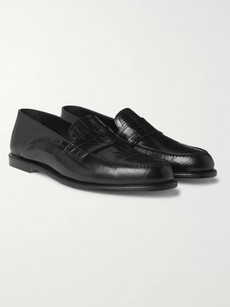 LOEWE COLLAPSIBLE-HEEL CROC-EFFECT AND FULL-GRAIN LEATHER PENNY LOAFERS