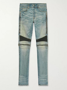Amiri Mx2 Skinny-fit Leather-panelled Distressed Stretch-denim Jeans In Blue