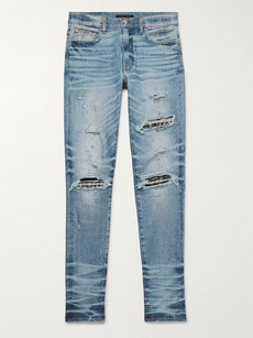 Amiri Skinny-fit Embellished Twill-panelled Distressed Stretch-denim Jeans In Blue