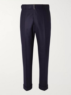 Officine Generale Navy Ollie Tapered Cropped Belted Wool-flannel Trousers In Blue