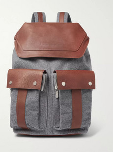 Brunello Cucinelli Full-grain Leather And Mélange Wool Backpack In Gray