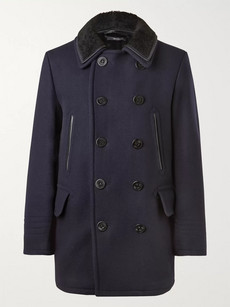 Tom Ford Shearling-trimmed Wool-blend Peacoat In Blue