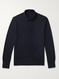 Ermenegildo Zegna Suede-trimmed Cotton And Cashmere-blend Piqué Polo Shirt In Blue