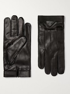Prada Logo-embellished Cashmere-lined Leather Gloves In Black