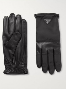 PRADA LOGO-DETAILED CASHMERE-LINED LEATHER AND NYLON GLOVES