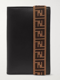 Fendi Logo-jacquard Stretch Webbing-trimmed Leather Billfold Wallet In Black