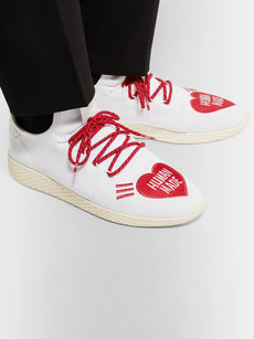 Adidas Consortium Pharrell Williams Human Made Tennis Hu Logo-embroidered Primeknit Sneakers In White
