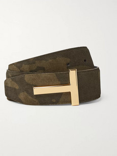 Tom Ford 4cm Reversible Camouflage-print Suede And Black Leather Belt In Green