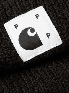 Pop Trading Company + Carhartt Wip Logo-appliquéd Ribbed Wool Beanie In Black