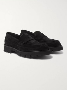 Grenson Suede And Calf Hair Penny Loafers In Black