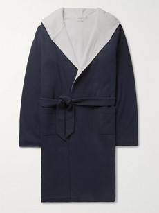 Hamilton And Hare Waffle-knit Cotton Hooded Robe In Blue