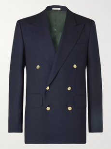 Husbands Navy Slim-fit Double-breasted Wool Blazer In Blue