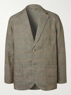 De Bonne Facture Unstructured Prince Of Wales Checked Washed-linen Blazer In Green