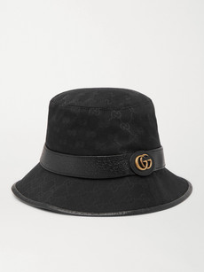Gucci Leather-trimmed Monogrammed Canvas Bucket Hat In Black