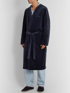 Hugo Boss Cotton-blend Velour Hooded Robe In Blue