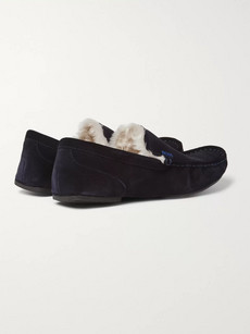 Hugo Boss Faux Shearling-lined Suede Slippers In Blue