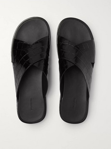 Balenciaga Logo-print Croc-effect Leather Slides In Black