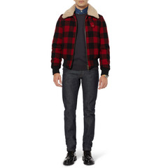 AMI Shearling-Trimmed Check Wool Bomber Jacket