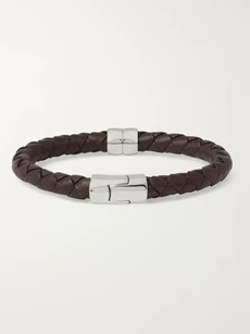Bottega Veneta Intrecciato Leather And Silver Bracelet In Brown