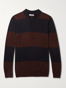 Valentino Striped Wool, Silk And Cashmere-blend Polo Shirt In Blue