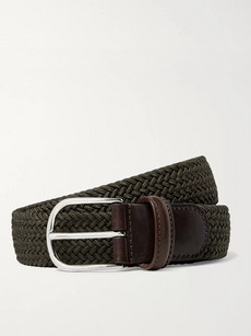 Anderson's 3.5cm Green Leather-trimmed Woven Elastic Belt