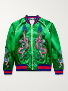 Gucci Appliquéd Silk-satin Bomber Jacket In Green | ModeSens