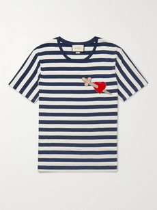 Gucci Appliquéd Striped Cotton-jersey T-shirt In Navy | ModeSens