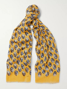 Gucci Fringed Printed Cotton, Modal And Cashmere-blend Scarf In Yellow