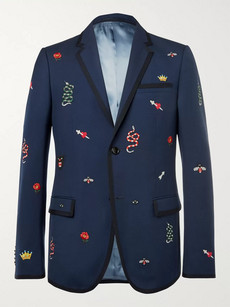 GUCCI NAVY SLIM-FIT EMBROIDERED WOOL AND MOHAIR-BLEND TWILL SUIT JACKET