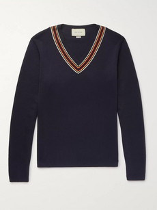 Gucci Webbing-trimmed Wool Sweater In Navy