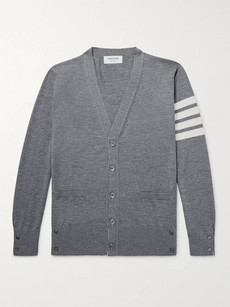 Thom Browne Striped Wool Cardigan In Gray
