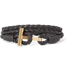 TOM FORD WOVEN LEATHER GOLD-PLATED WRAP BRACELET