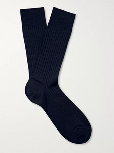 Marcoliani Ribbed Merino Wool-blend Socks In Blue