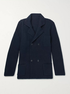 Anderson & Sheppard Double-breasted Merino Wool And Cashmere-blend Cardigan In Blue