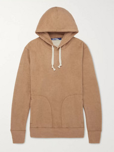 JUNYA WATANABE CORDUROY ELBOW-PATCH COTTON AND CAMEL HAIR-BLEND JERSEY HOODIE