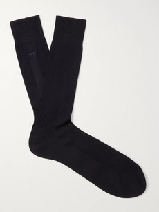 Tom Ford Embroidered Ribbed Cotton Socks In Navy