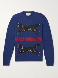 Gucci Embroidered Wool Knitted Sweater, Blue | ModeSens