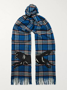 GUCCI FRINGED EMBROIDERED CHECKED WOOL SCARF